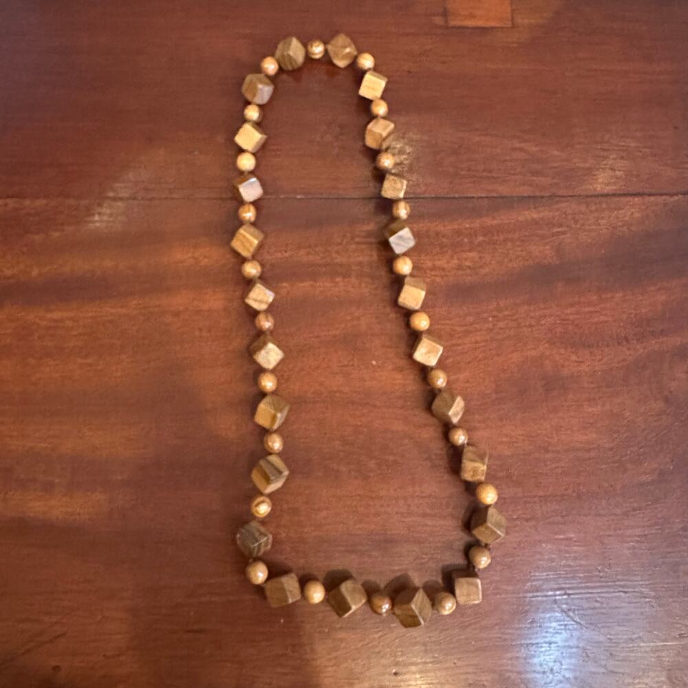 Brown Wood Cube Shape Round Beaded Necklace Lagenlook 70s 90s Vintage Jewelry